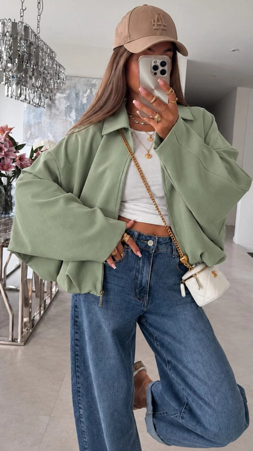 GIA - Zip Front Balloon Hem Jacket Sage