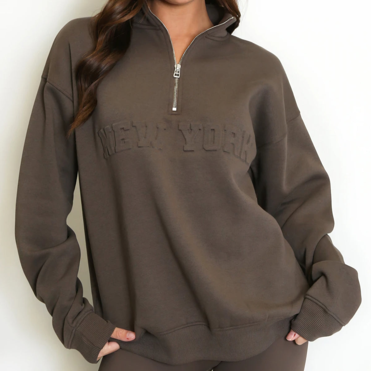 NEW YORK - Cotton Blend Embossed Fleece Lined Jumper Chocolate