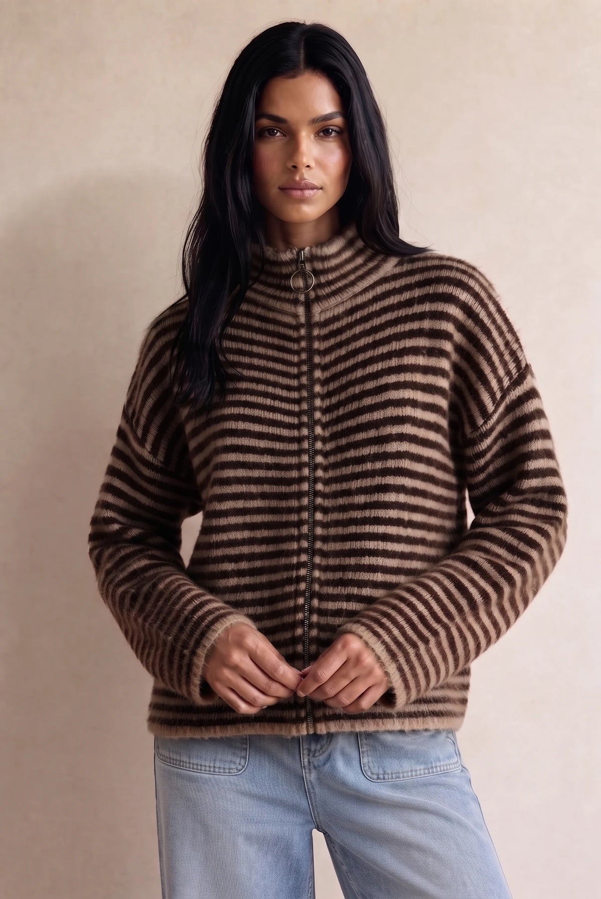 ZOE - Striped Zip Up Jumper Mocha Chocolate