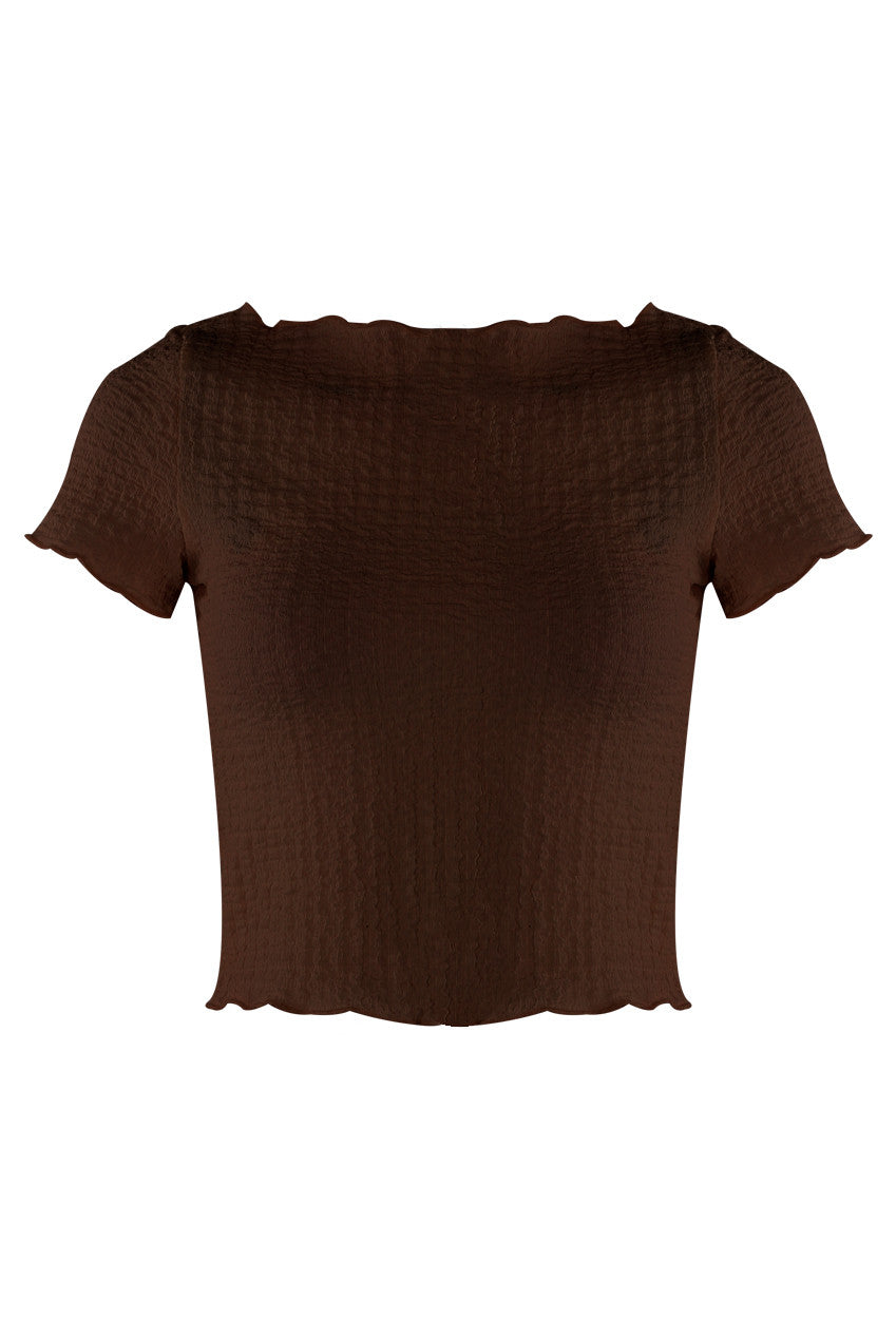 SOFIA - Textured Shirred Short Sleeve Top Brown