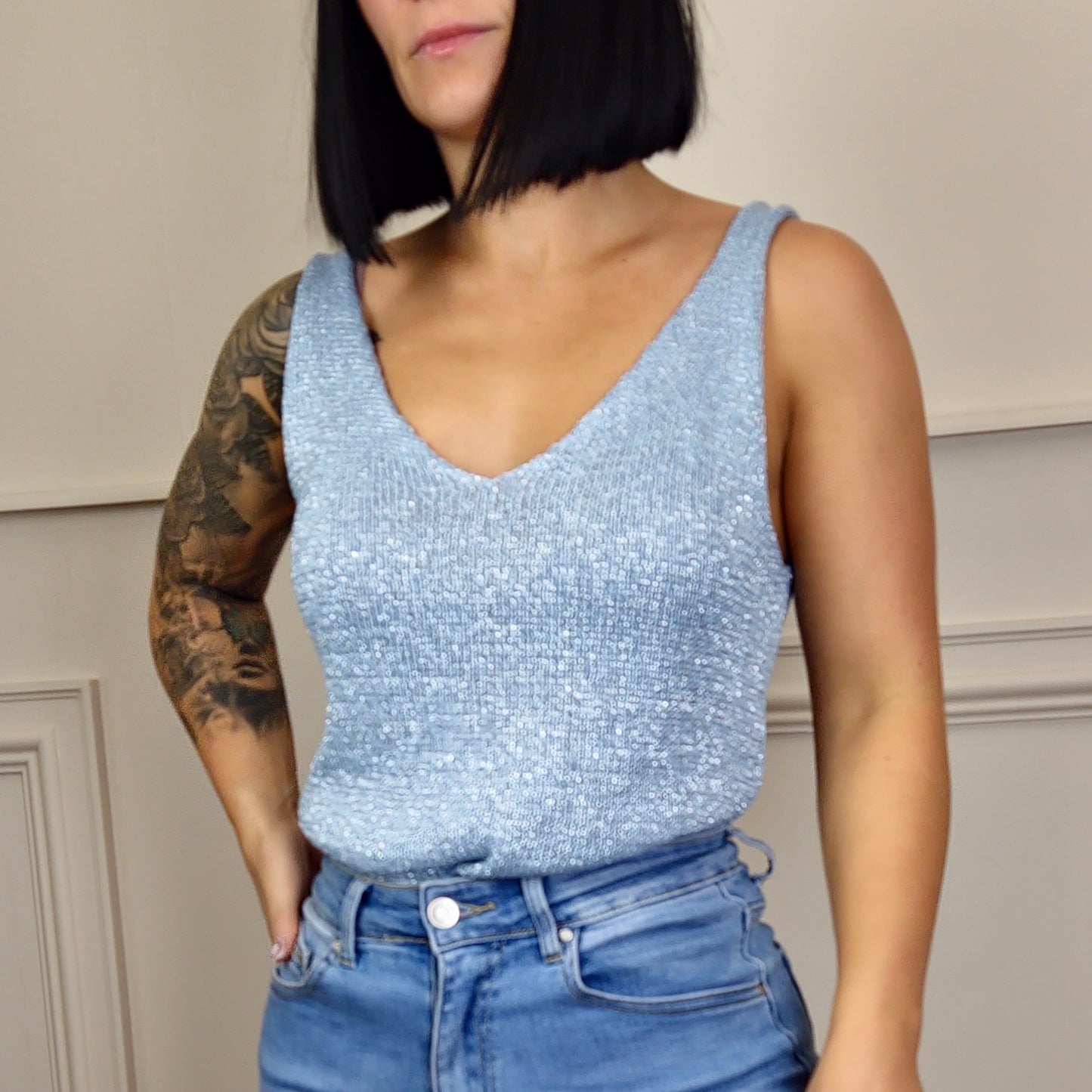 VERITY - Sleeveless Shimmer Short Vest Top Blue