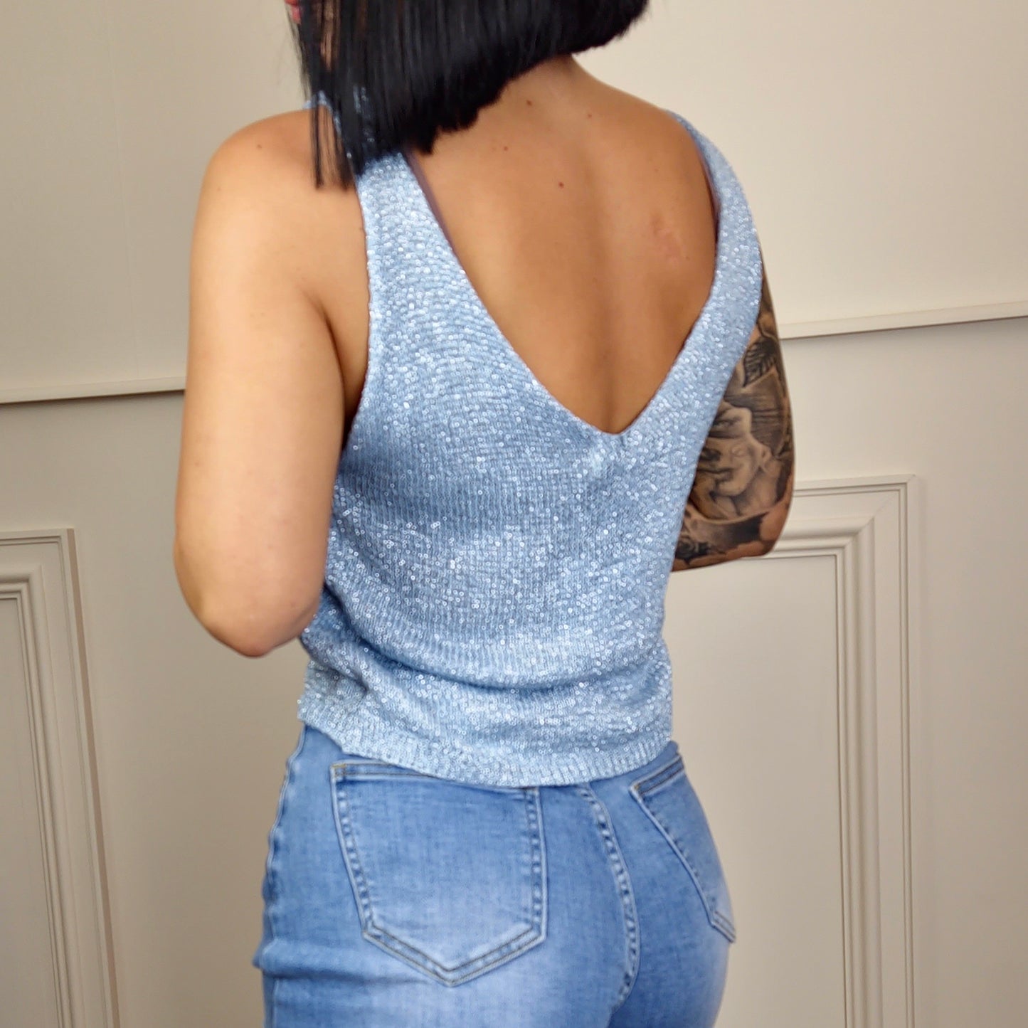 VERITY - Sleeveless Shimmer Short Vest Top Blue