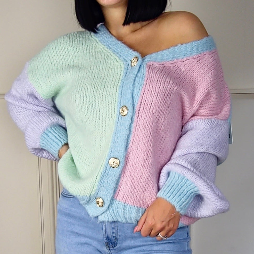MISTY - Wool Blend Pastel Colour Block Contrast Cardigan