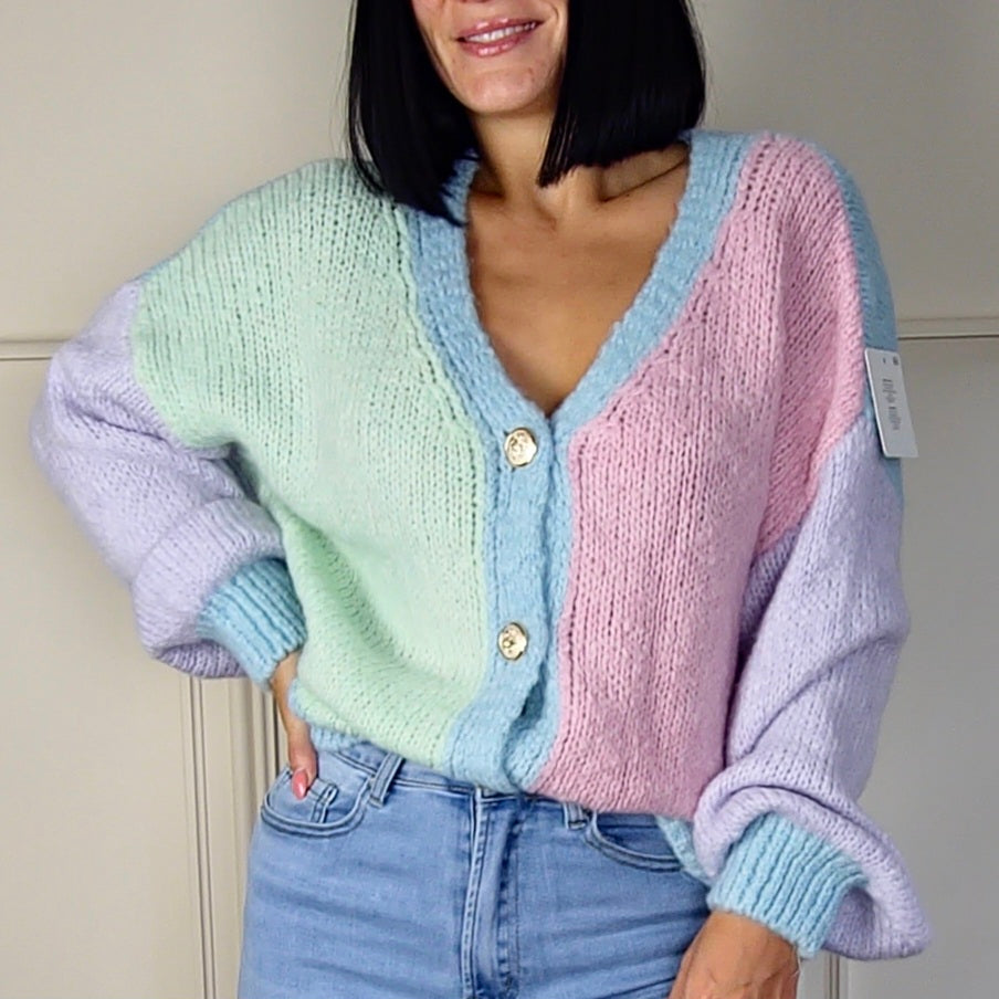 MISTY - Wool Blend Pastel Colour Block Contrast Cardigan
