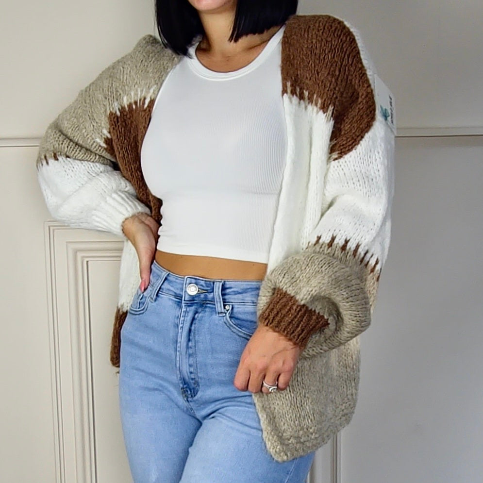 MARIAH - Wool Blend Contrast Colour Block Knitted Cardigan
