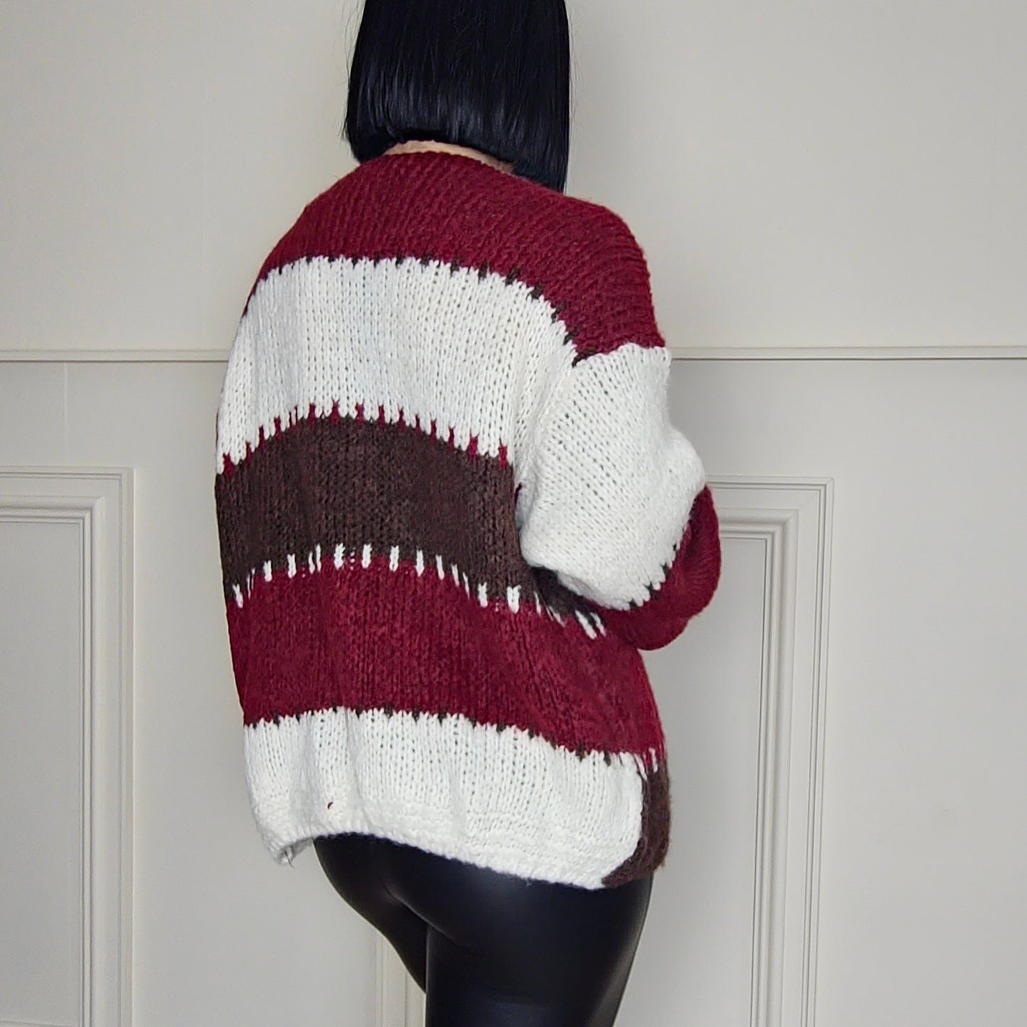 MARIAH - Wool Blend Contrast Colour Block Knitted Cardigan Burgundy
