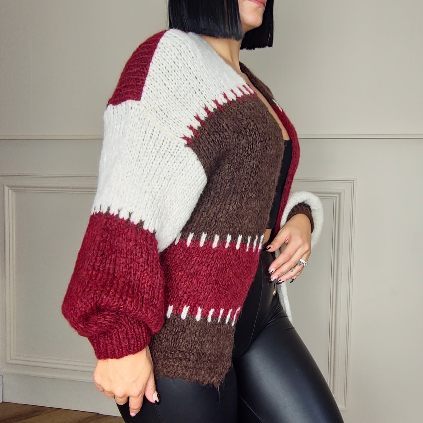 MARIAH - Wool Blend Contrast Colour Block Knitted Cardigan Burgundy
