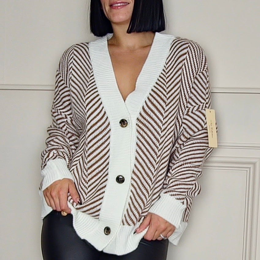 PENELOPE - Contrast Striped Brown Cardigan