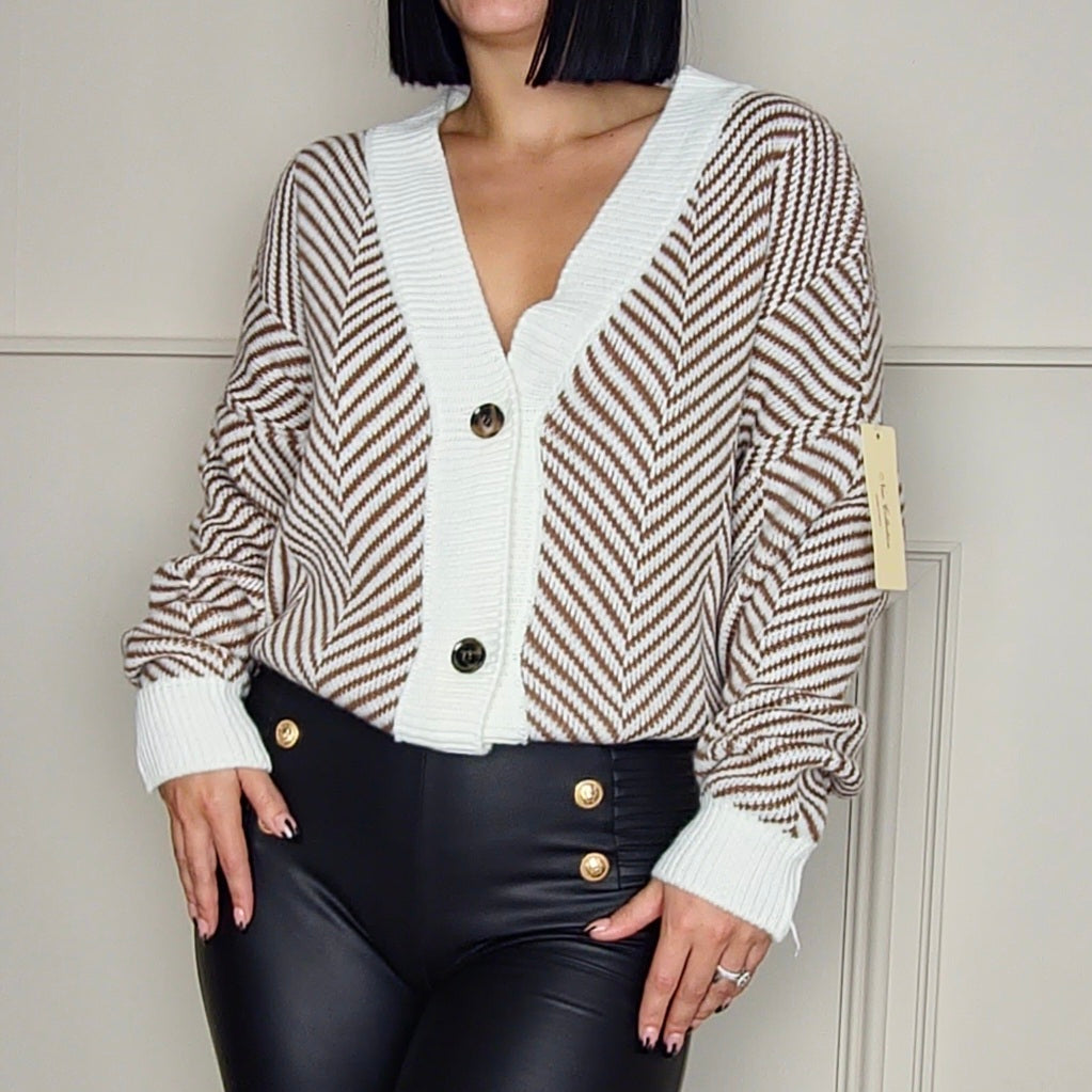PENELOPE - Contrast Striped Brown Cardigan
