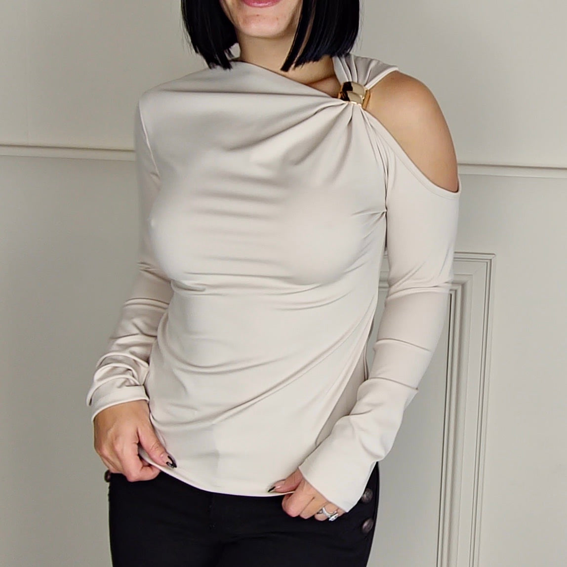FARIA - Gold Clasp Cold Shoulder Slinky Top Stone