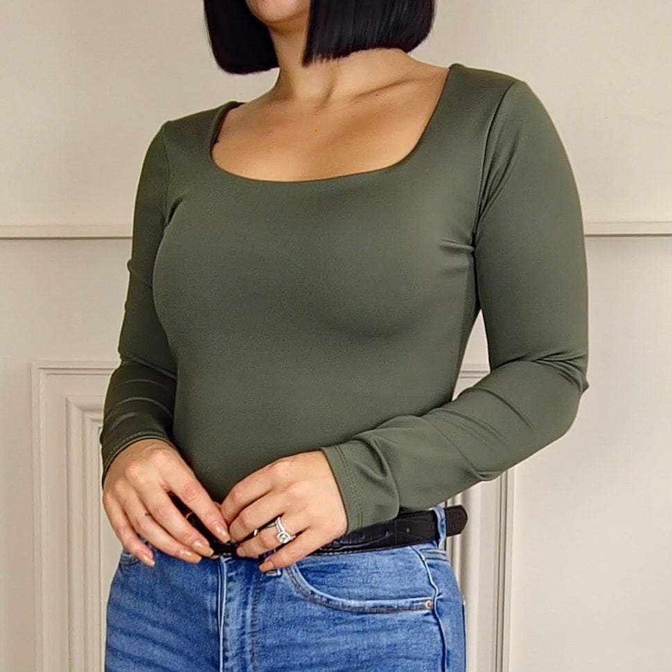 CASEY - Thick Slinky Stretch Long Sleeve Top Khaki