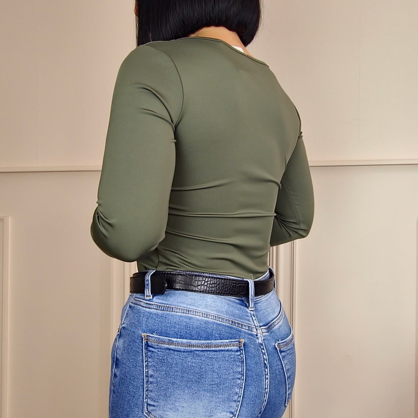 CASEY - Thick Slinky Stretch Long Sleeve Top Khaki