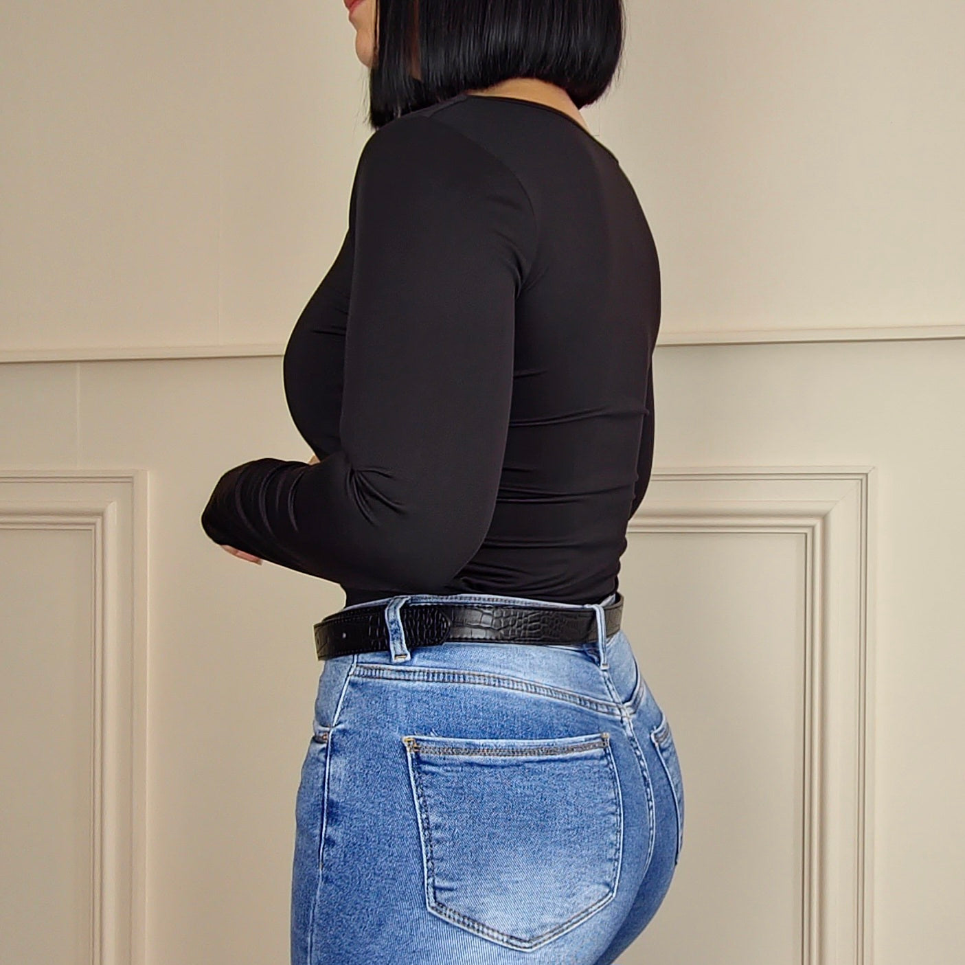 CASEY - Thick Slinky Stretch Long Sleeve Top Black