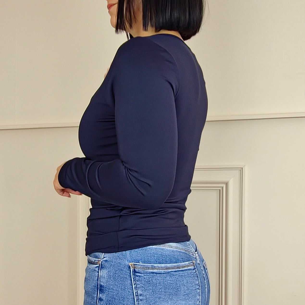 CASEY - Thick Slinky Stretch Long Sleeve Top Navy