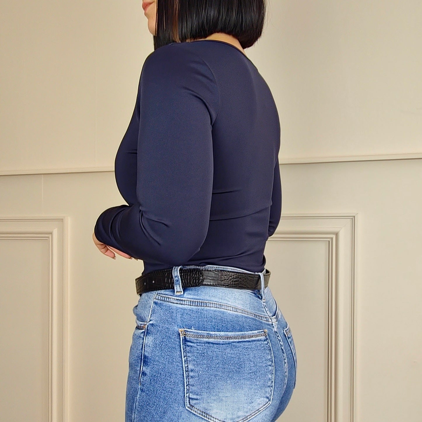 CASEY - Thick Slinky Stretch Long Sleeve Top Navy