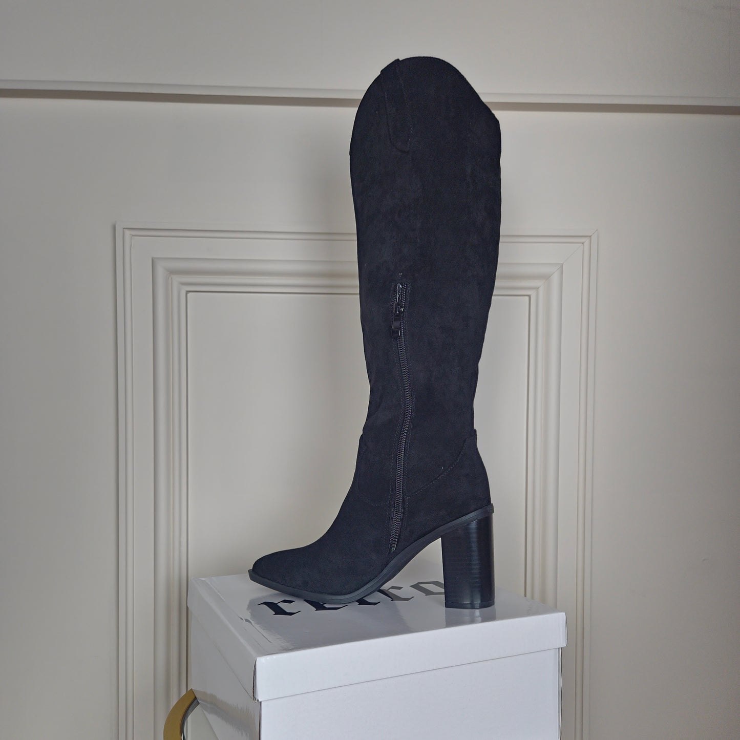 SHANIE - Knee High Black Suede Cowboy Block Heel Boot