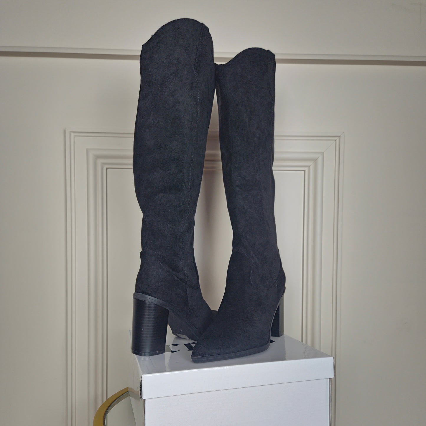 SHANIE - Knee High Black Suede Cowboy Block Heel Boot