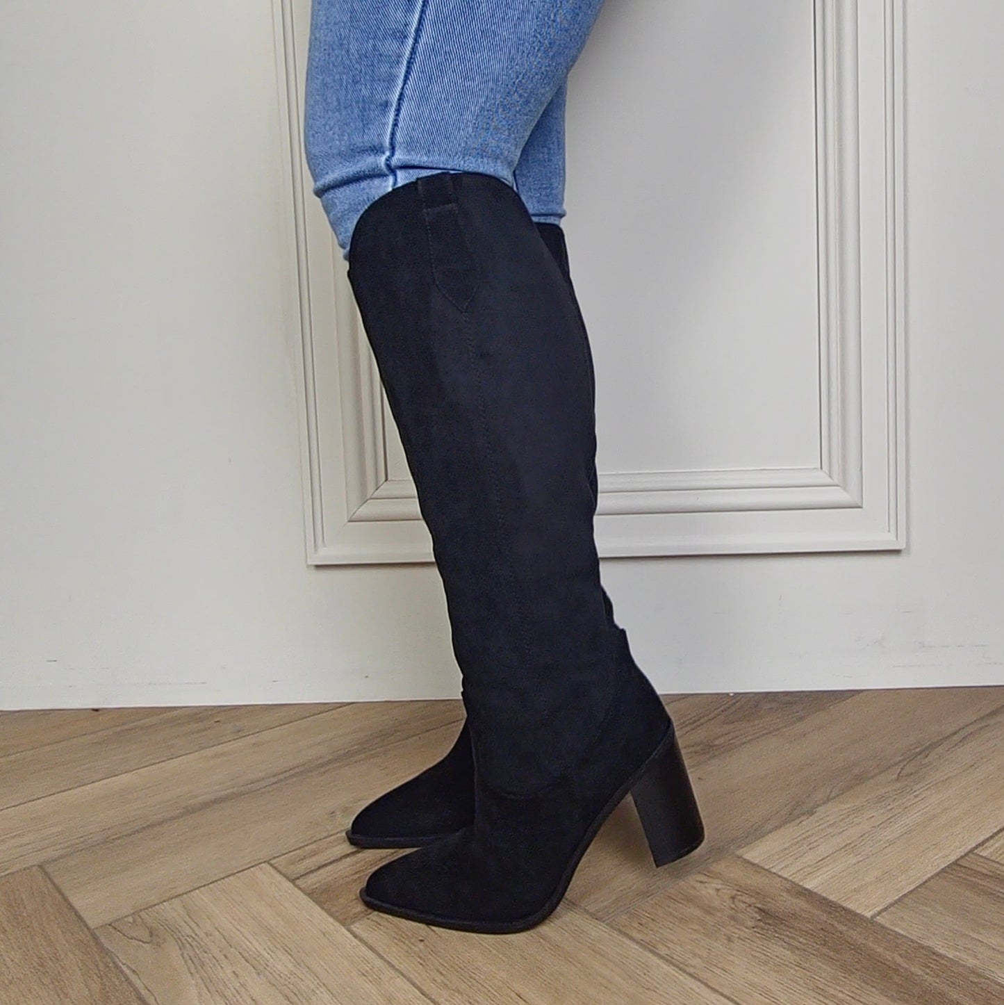 SHANIE - Knee High Black Suede Cowboy Block Heel Boot