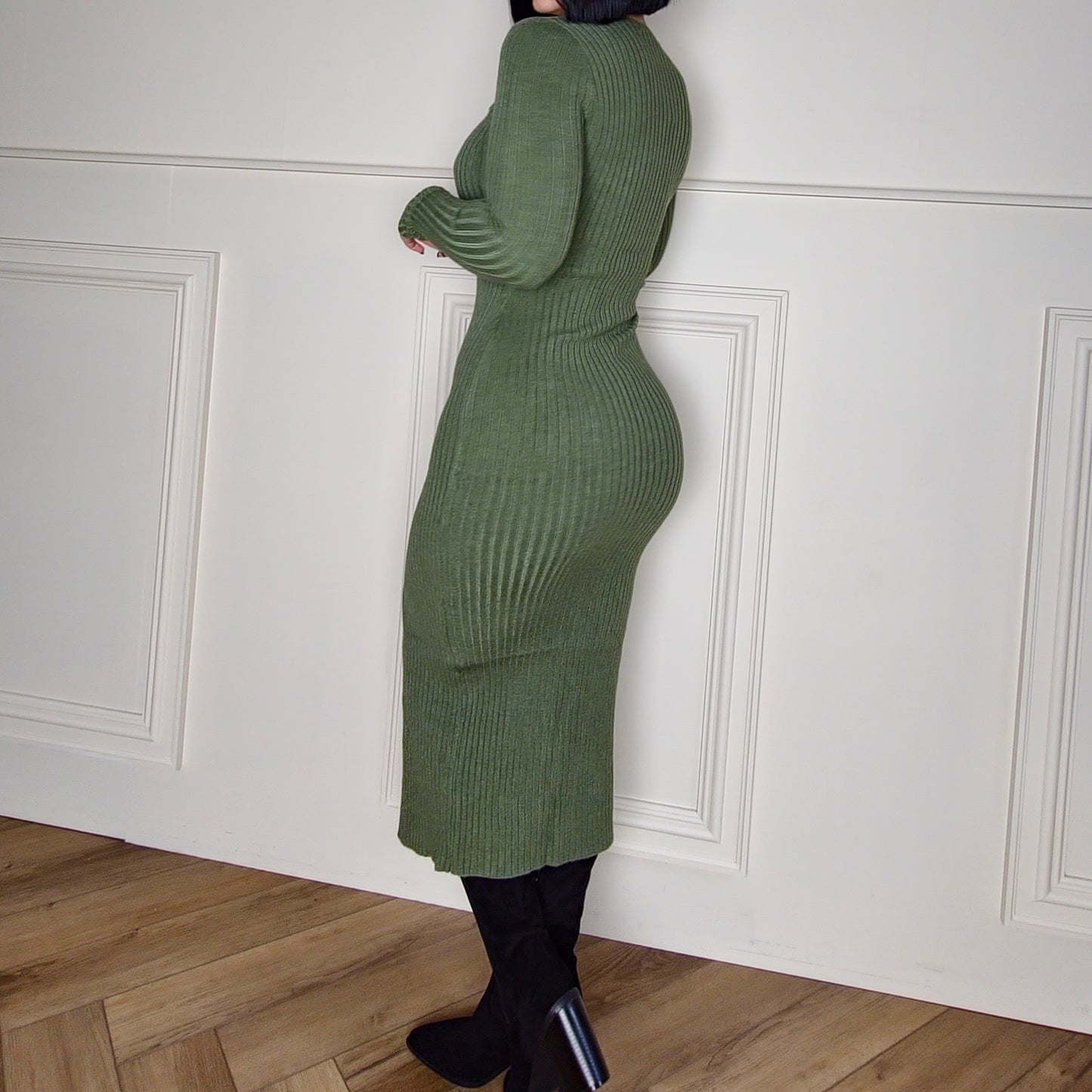 ANELA - Ribbed Knit Split Midi Dress Khaki