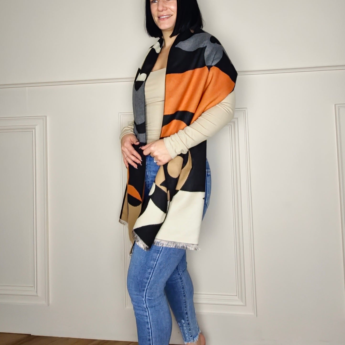 VALERIE - Motif Wool Blend Scarf Orange