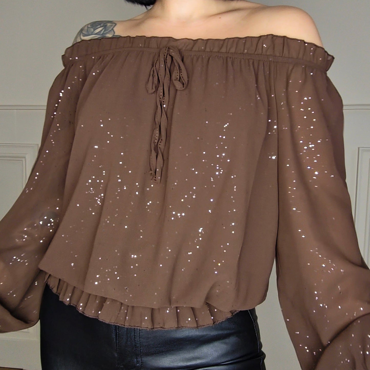 TOVA - Shimmer Off Shoulder Chiffon Blouse Chocolate