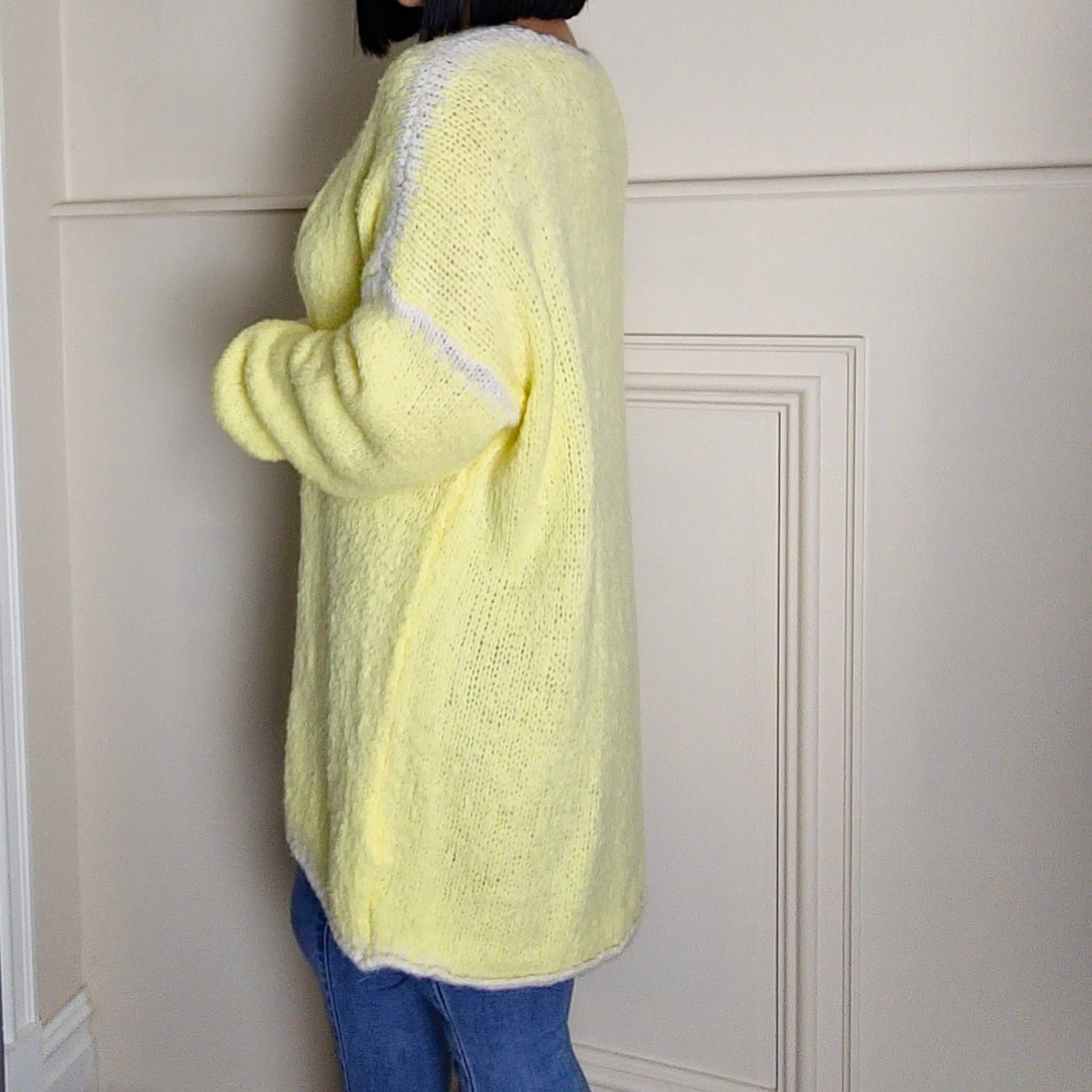 SADIE - Wool Blend Contrast Knitted Cardigan Lemon