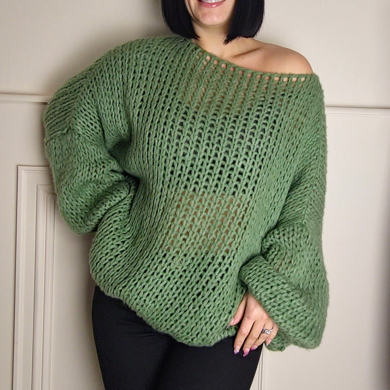 SENA - Oversized Off Shoulder Knitted Sweater Khaki