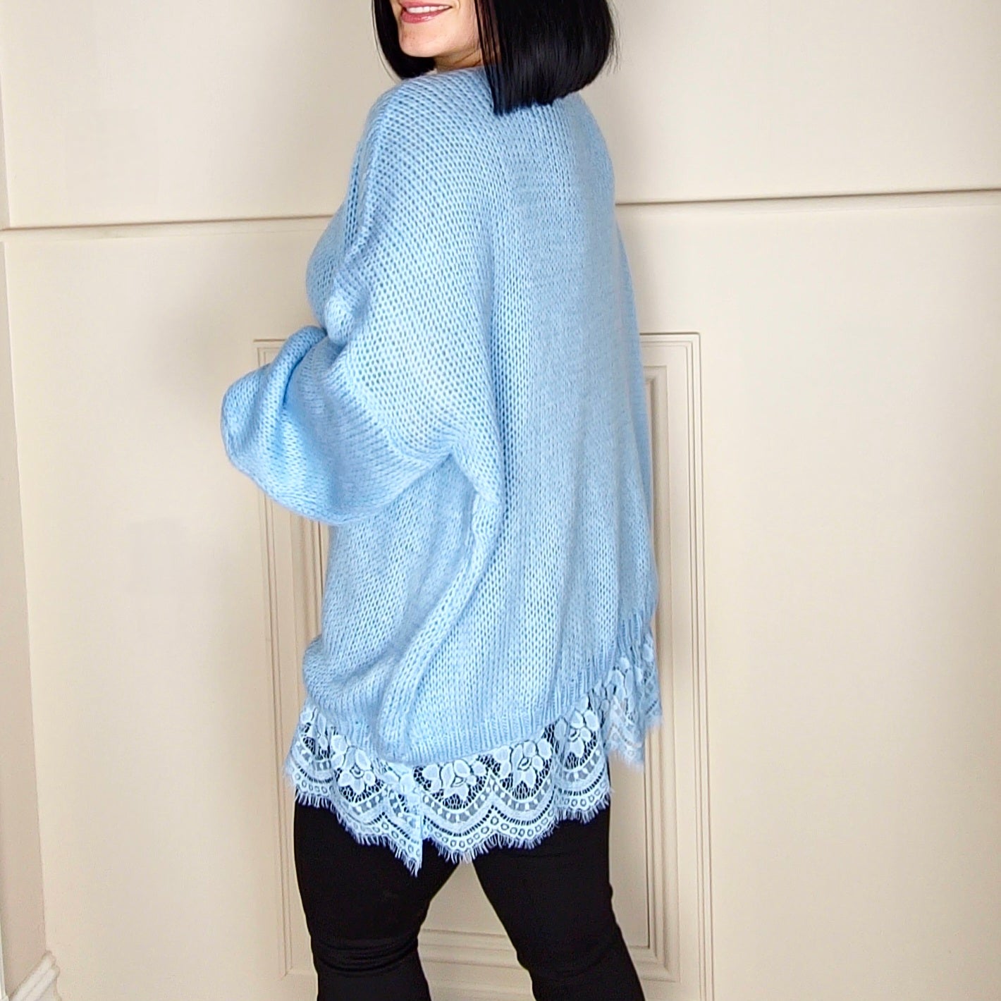 SOLA - Oversized V Neck Lace Hem Knitted Jumper