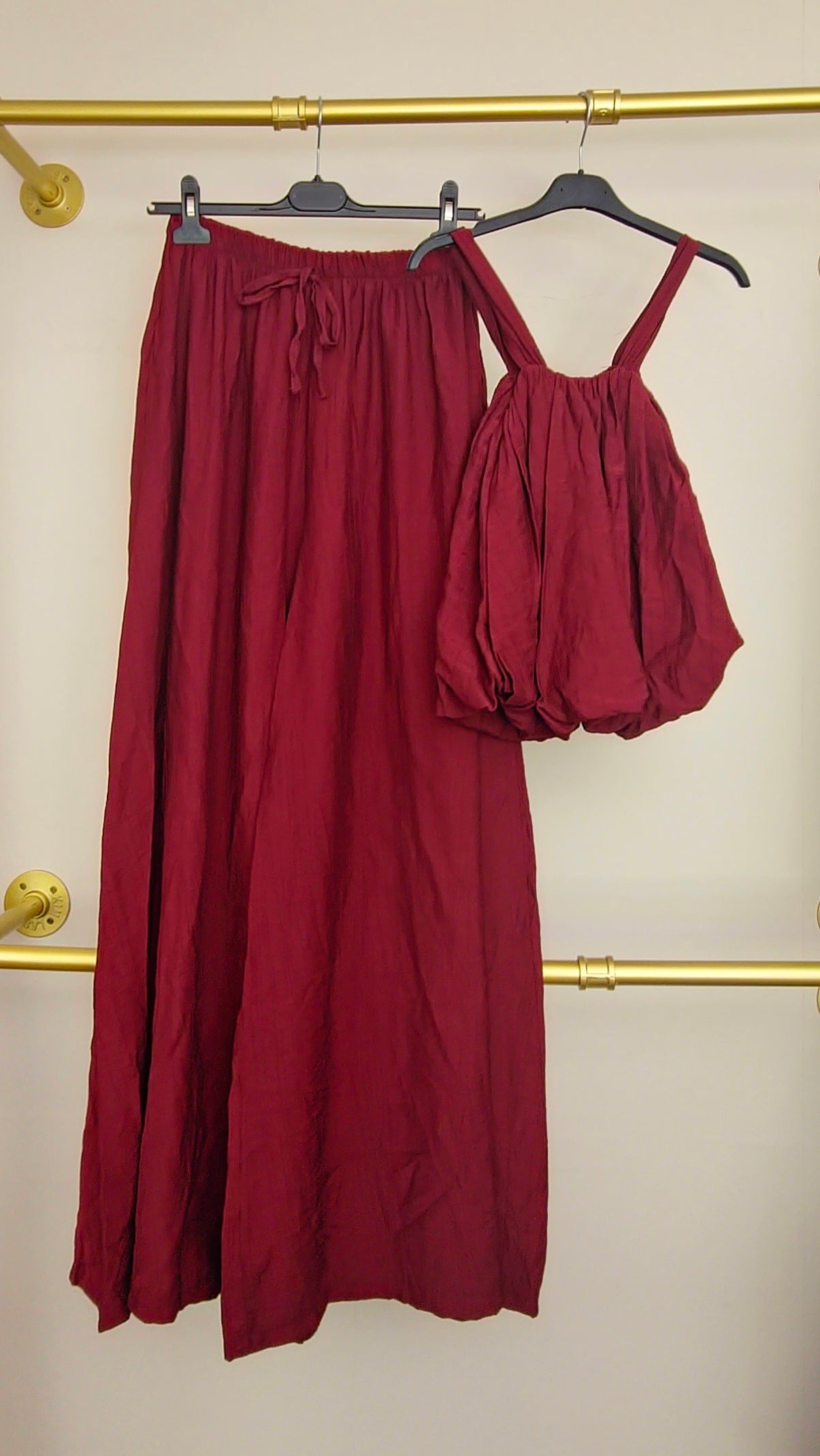 LUCY - Textured Waffle Top & Wide-Leg Trouser Set Burgundy