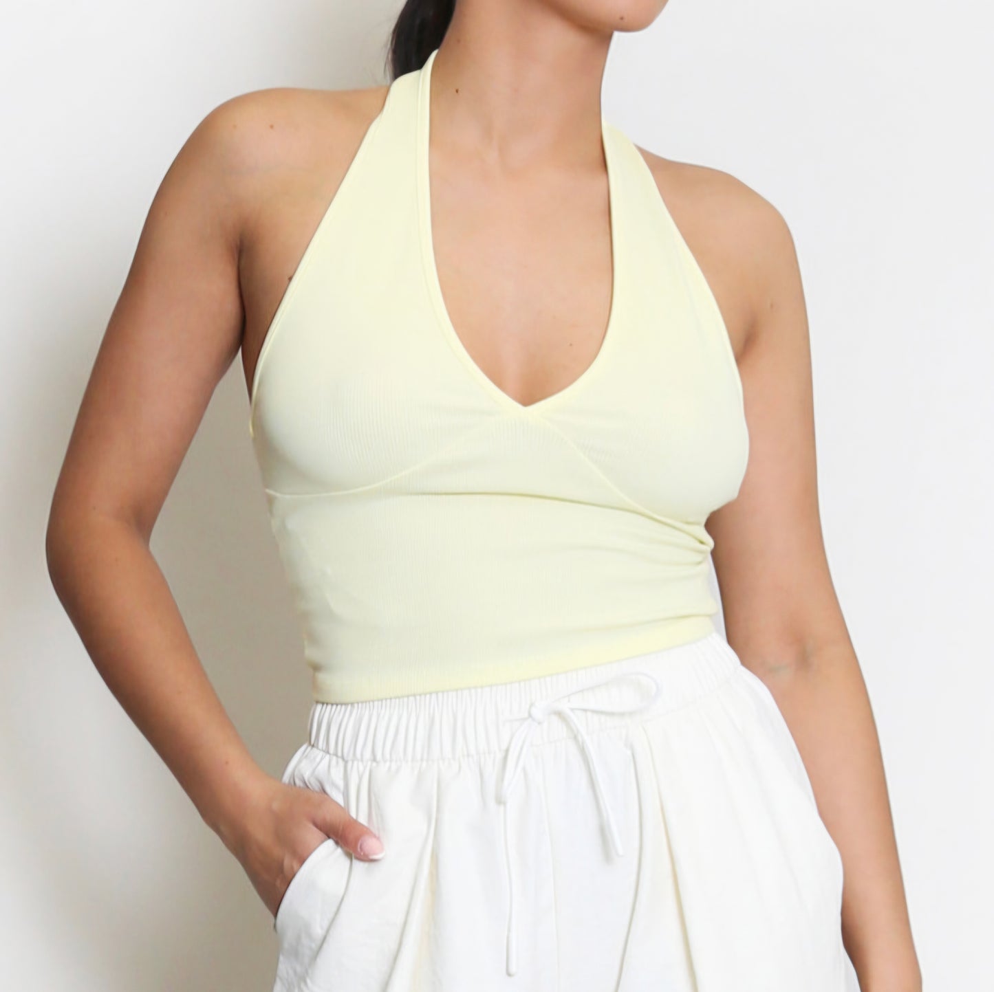 AMELIA - Ribbed V Neck Halter Neck Top Lemon