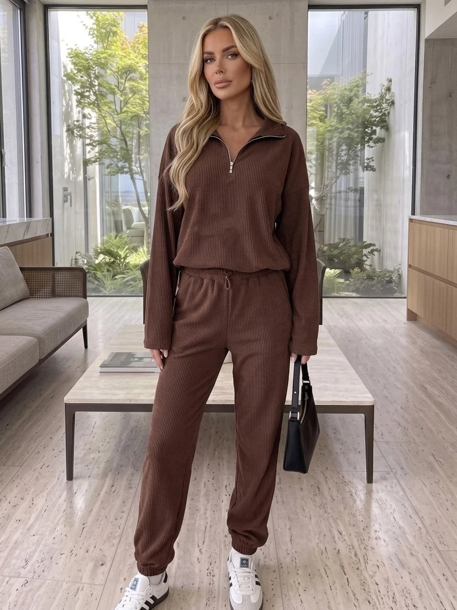 KALA - Ribbed Half Zip Jumper & Trouser Co-Ord Chocolate
