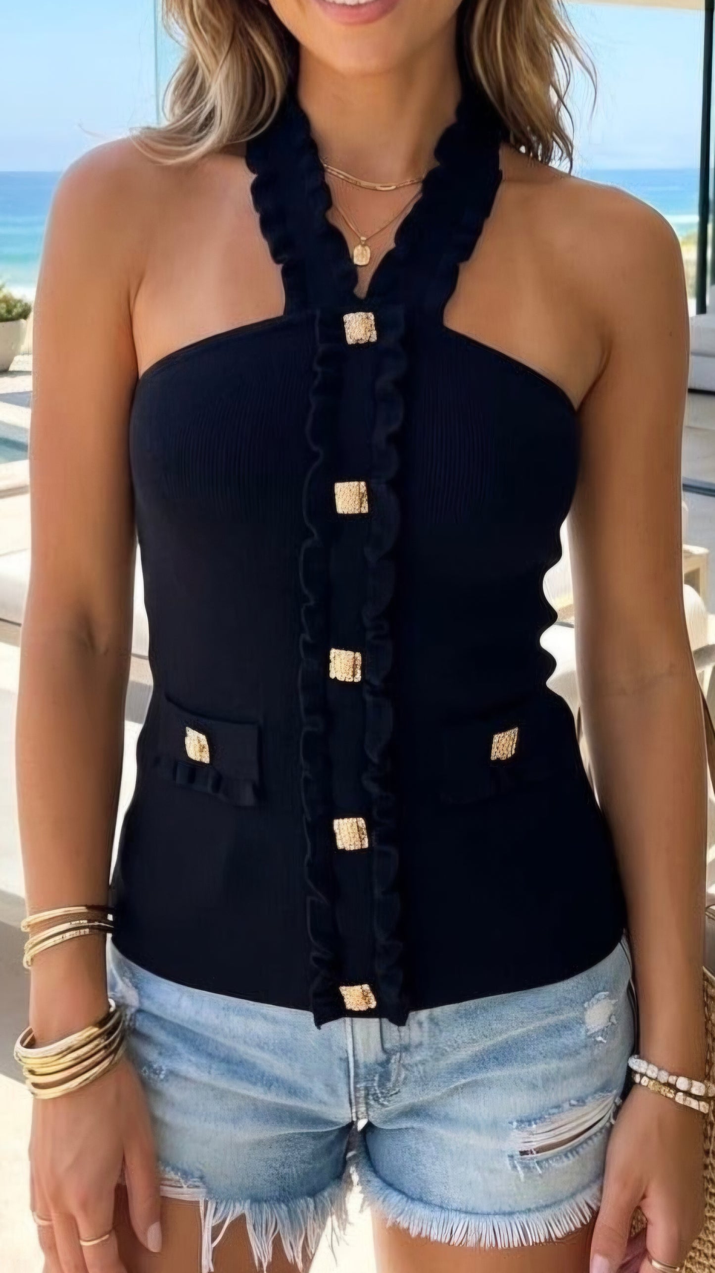NICOLE - Ruffle Trim Button Detail Halterneck Top Black