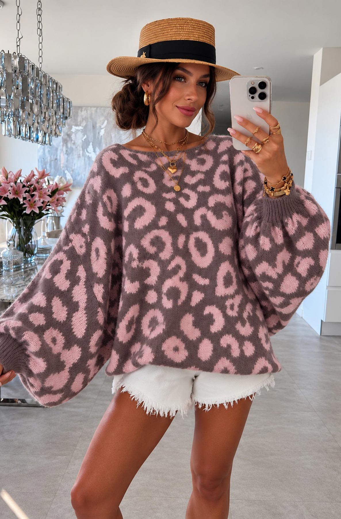 ROXIE - Leopard Batwing Oversized Knit Taupe