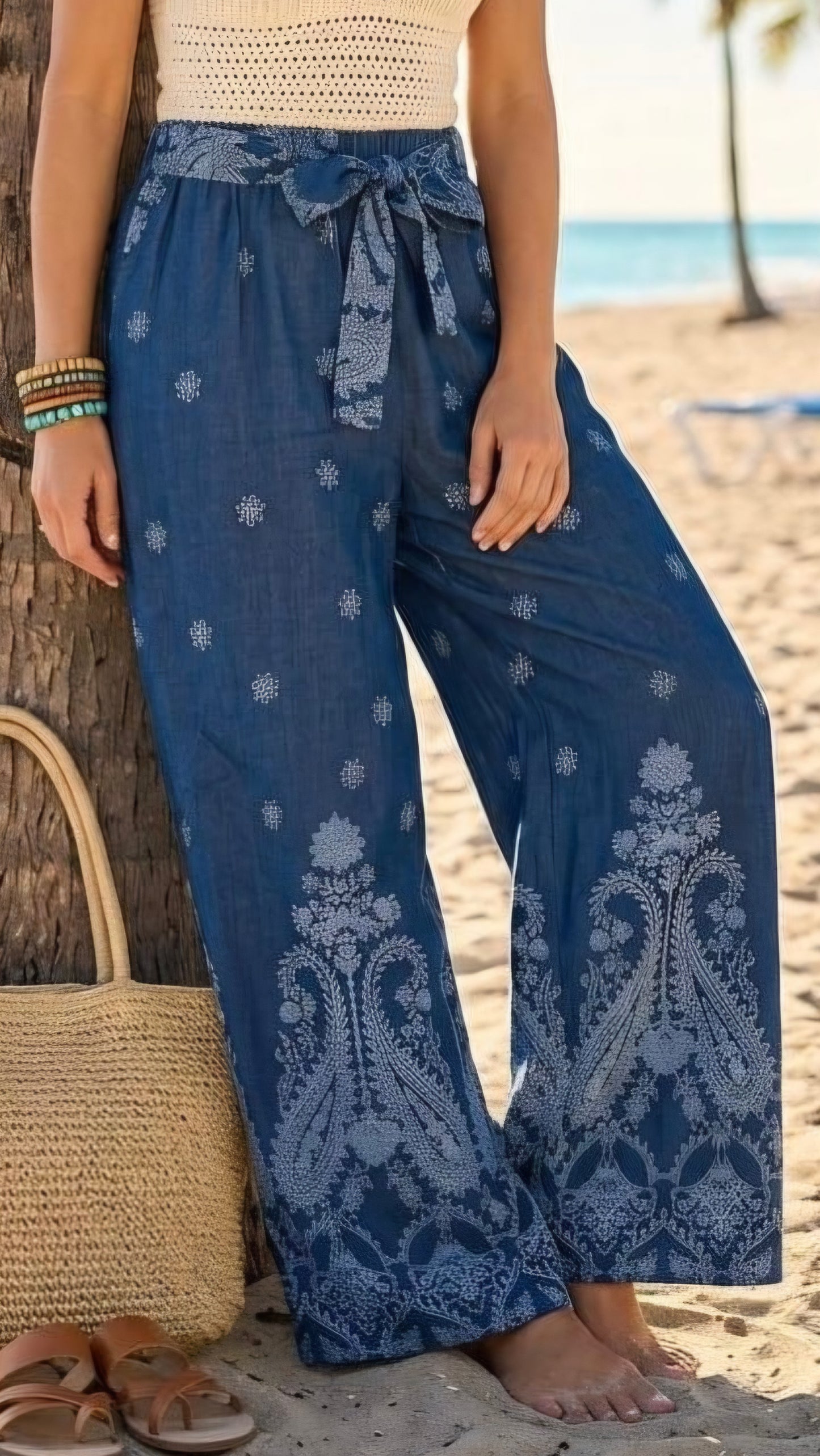 ADIA - Paisley Cotton Blend Wide Leg Trousers Light Blue
