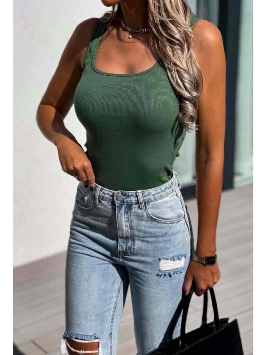 TAMARA - Viscose Ribbed Vest Top Khaki