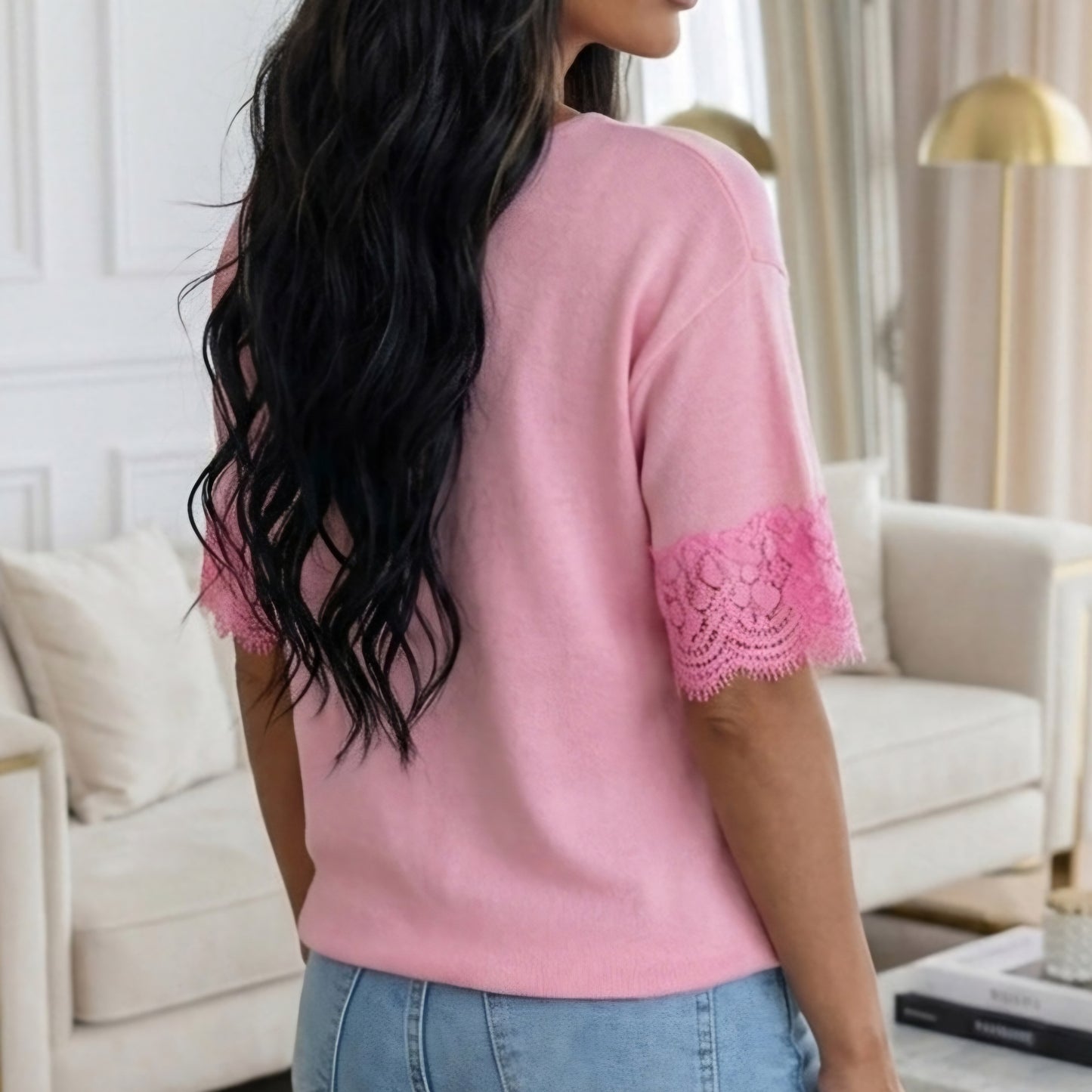 AMINA - Lightweight V Neck Lace Sleeve Top Pink