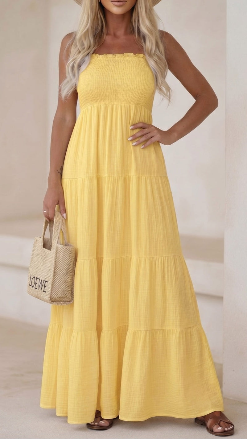 CASSIE - Shirred Bandeau Tiered Maxi Dress Yellow