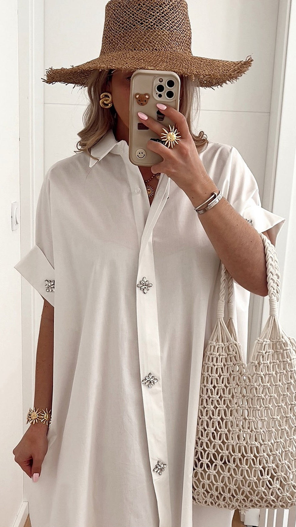 CELESTE - Striped Diamanté Oversized Cotton Midaxi Dress Ivory
