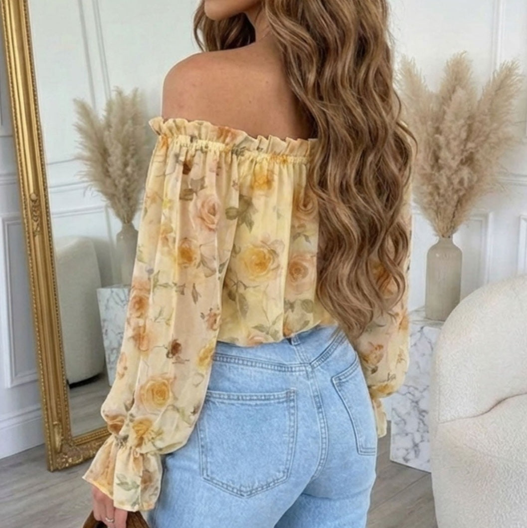 CLAIRE - Floral Bardot Off Shoulder Blouse Yellow