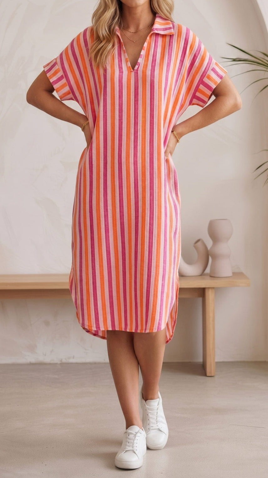 INDIE - Striped Pocket Cheesecloth Collared Dress
