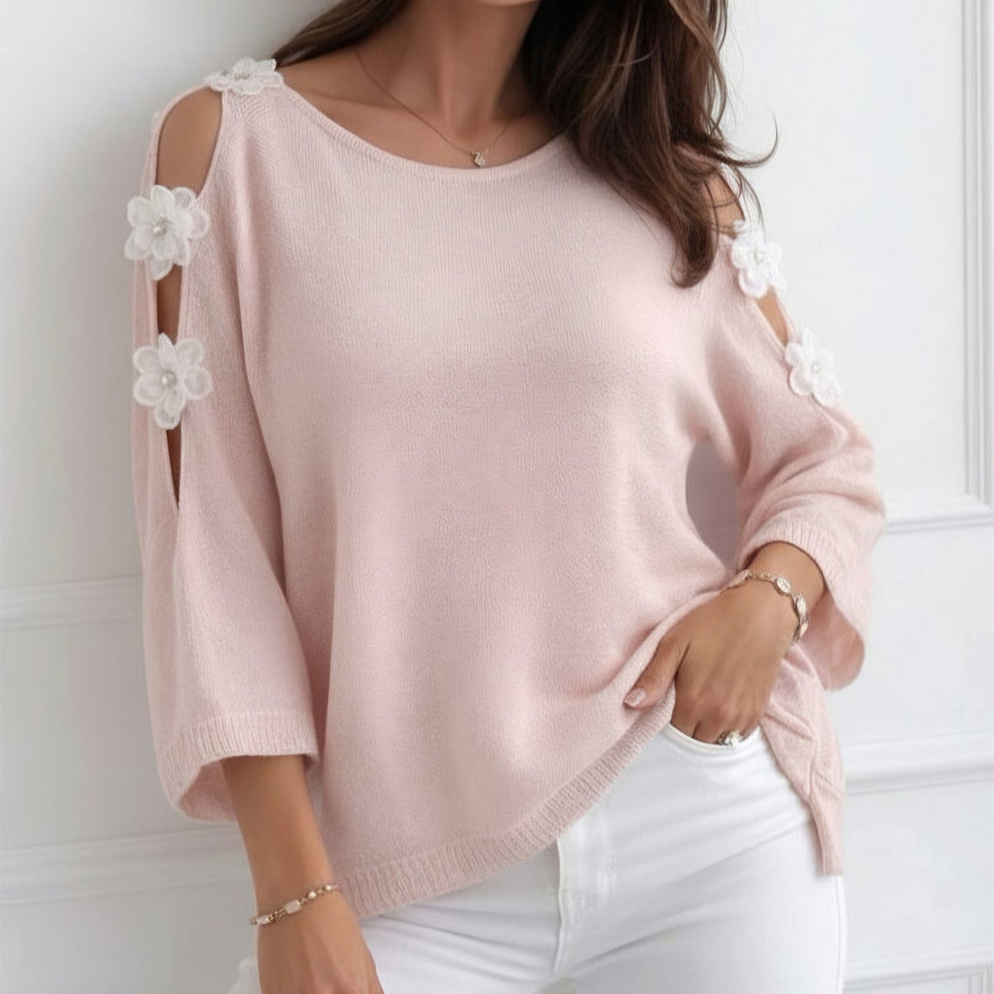 EMMA - Floral Applique Cold Shoulder Lightweight Knit
