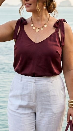 LORNA - Shoulder Tie Satin Feel Top Wine