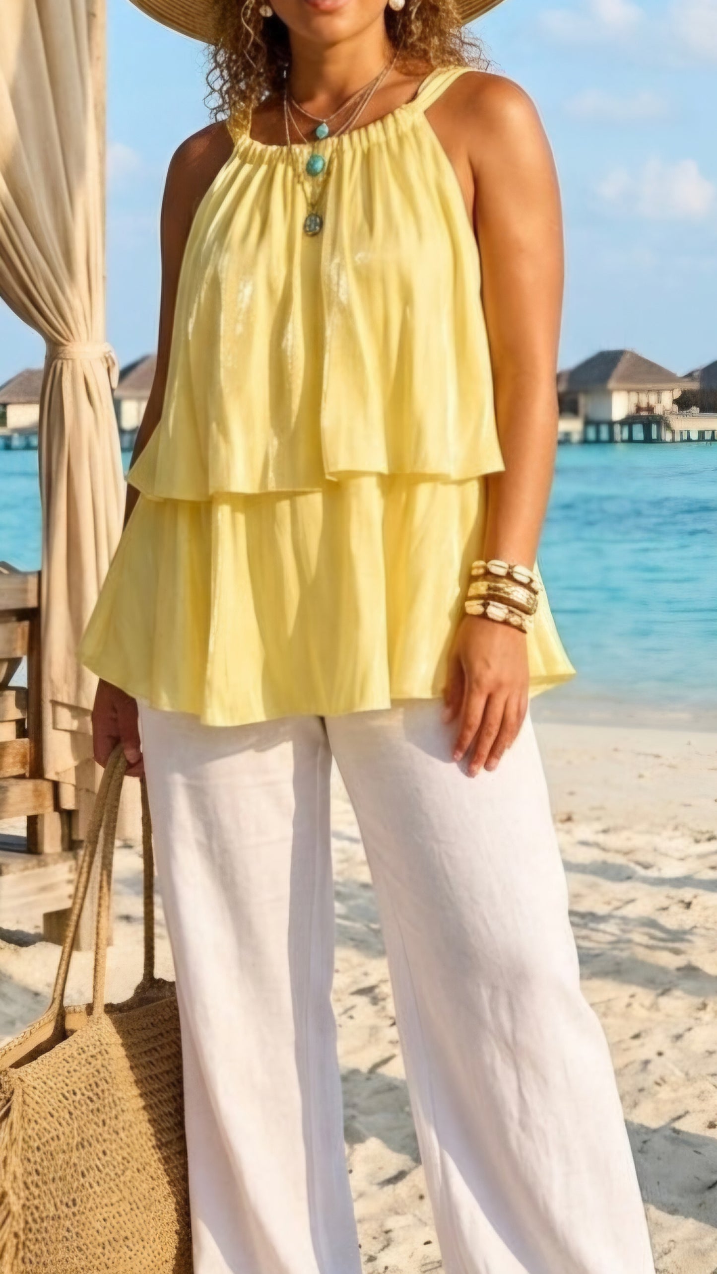 STEVIE - Tiered Ruffle Halter Neck Top Sunny Yellow
