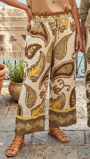 JANIE - Paisley Print Cotton Blend Trousers Mustard