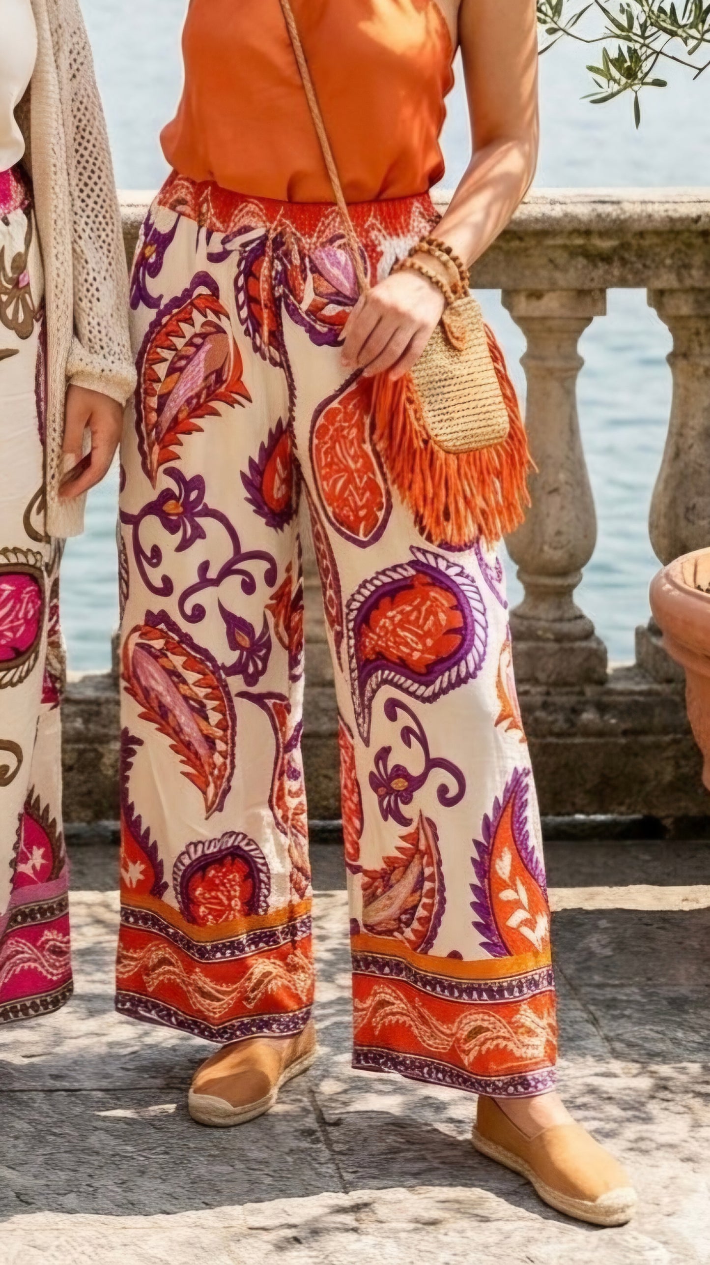JANIE - Paisley Print Cotton Blend Trousers Orange