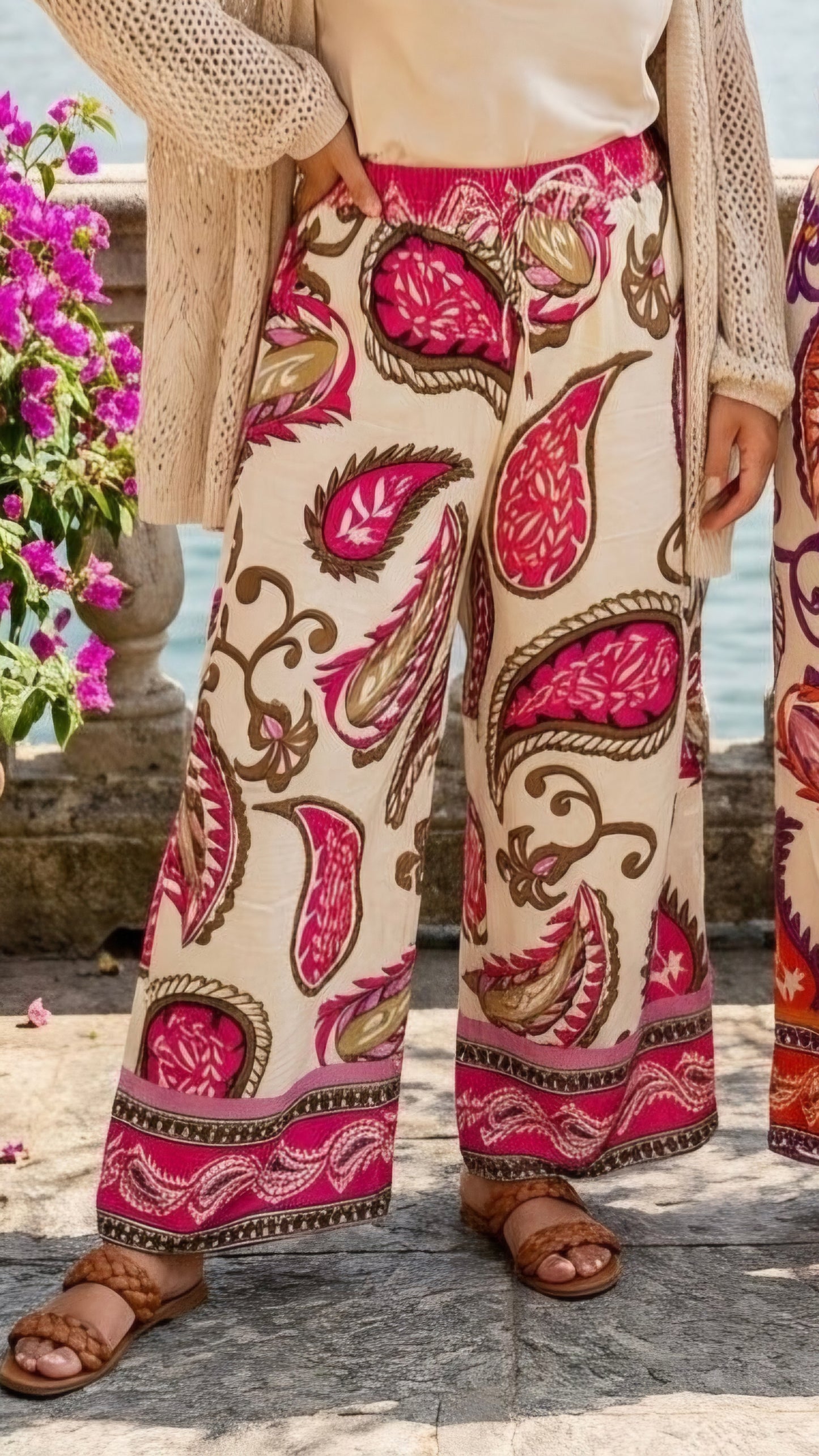 JANIE - Paisley Print Cotton Blend Trousers Pink