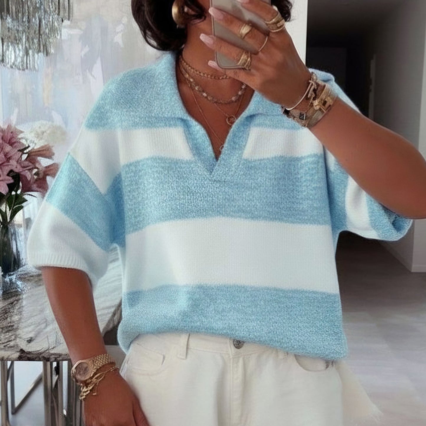 JEMMA - Striped Polo Collar Lightweight Knit Top Blue