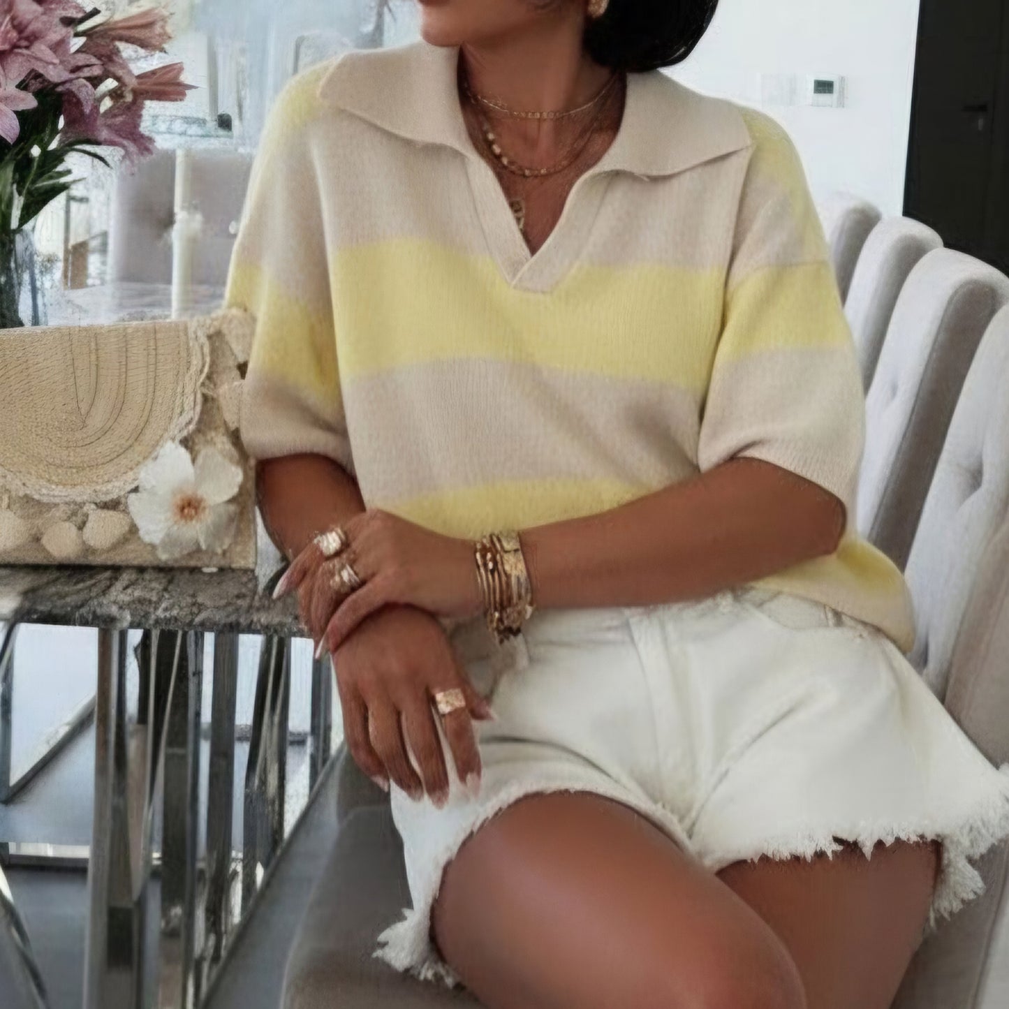 JEMMA - Striped Polo Collar Lightweight Knit Top Yellow