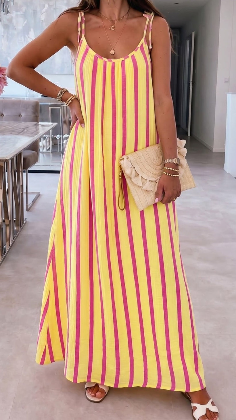 CARMELLA - Striped Pocket Tie Up Strap Maxi Dress
