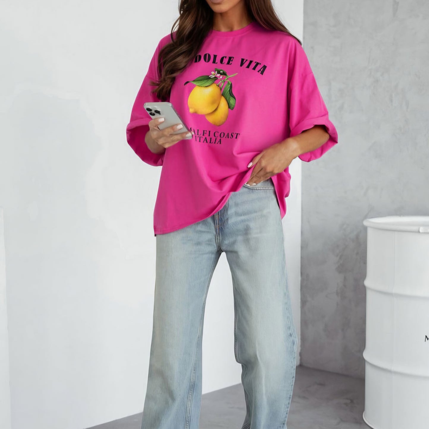 Amalfi - Lemon Cotton Tee Hot Pink